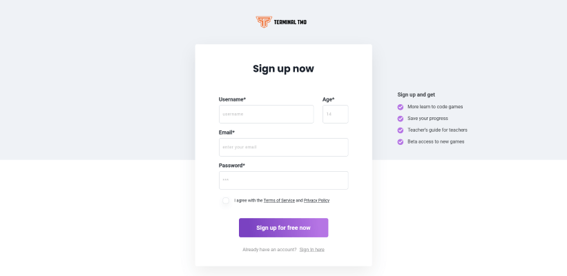Terminal Two Sign Up Screenshot
